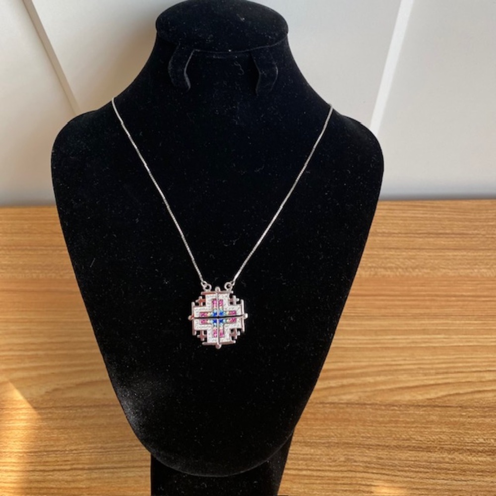 Sterling Silver Jerusalem Cross with Cubic Zirconia Two-Way Magnetic Pendant